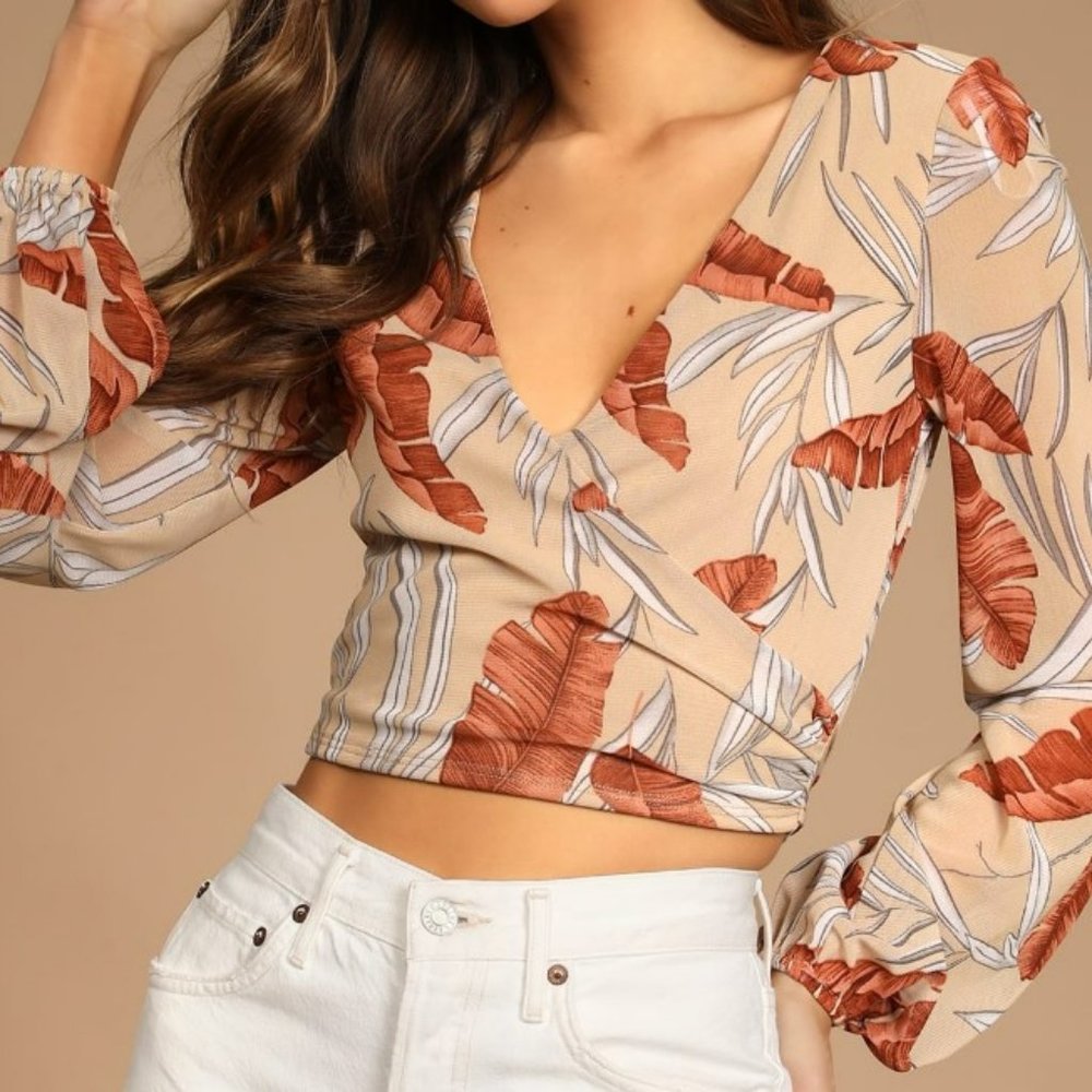 Lulus Tan Tropical Print Long Sleeve Wrap Crop Top